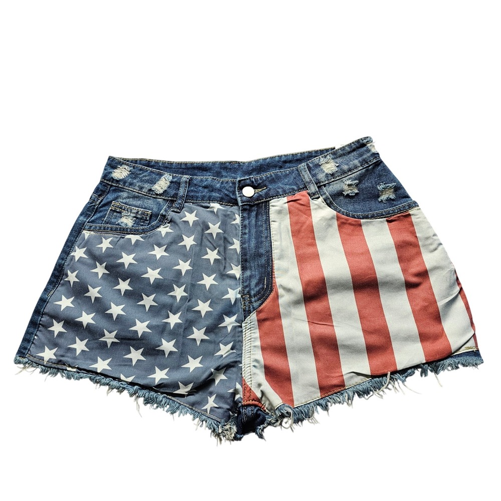 American Flag Denim Shorts Womens Blue Red White USA Patriotic Distressed Cutoff